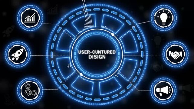 Futuristic animated graphic illustrating the concept of user centered design for technology.4k Animation.