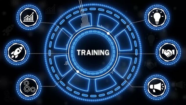 Futuristic digital interface demonstrating training and business concepts on a black background.4k animation video.