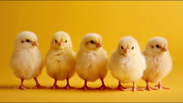 Group of small cute yellow chicks standing in a row and chirping on a bright yellow background