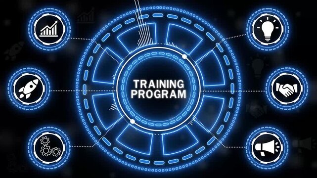 Futuristic digital interface showcasing training program and business concept icons.4k animation video.