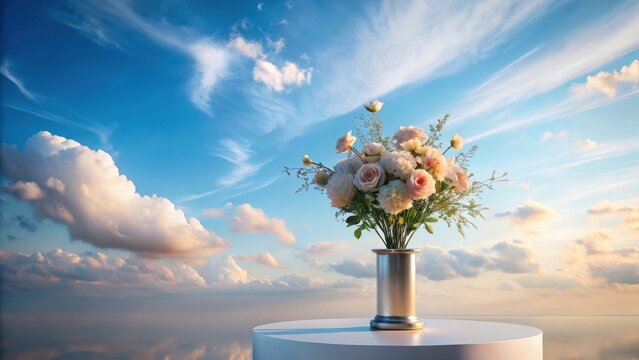 A serene bouquet of pastel blossoms in a sleek silver vase, elegantly displayed on a pristine white pedestal against a breathtaking expanse of fluffy clouds and a vibrant sunset sky