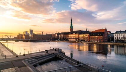 Obraz premium Cityscape over water at sunset, buildings lining a canal, with golden light on the clouds