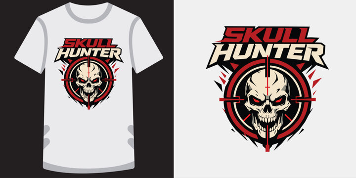 Skull hunter gaming mascot vector illustration for apparel design with target aim symbol.