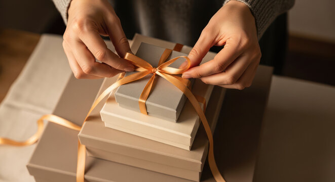 Hands Tying Ribbon on Stacked Gifts Preparing Presents.