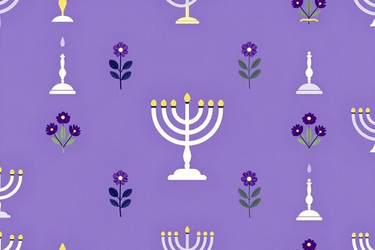 A pattern of menorah and flowers on a purple background