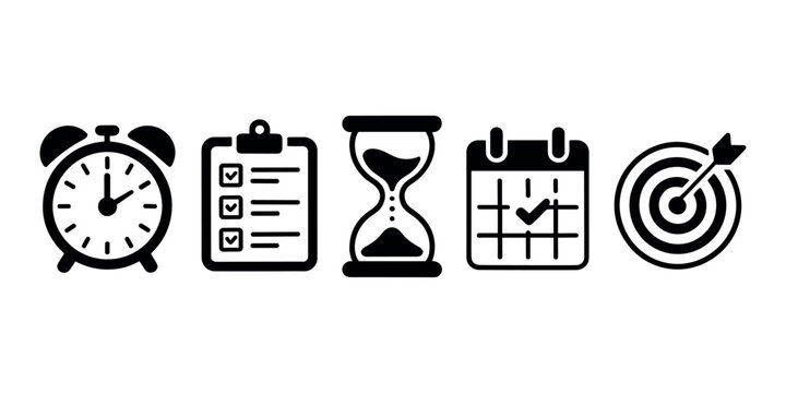 Black and white of alarm clock clipboard hourglass calendar and target checklist in white background