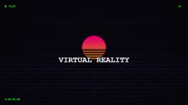 Retro virtual reality grid landscape with pixelated sun and glitches, evoking 80s synthwave aesthetic