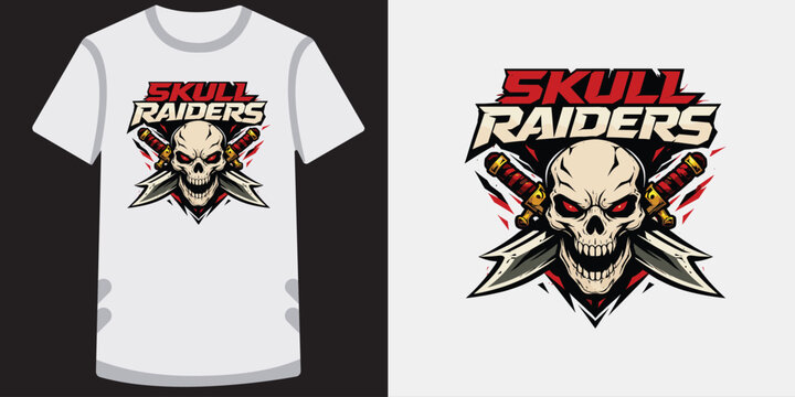 Skull raiders t-shirt design with crossed swords and aggressive skull, perfect for gamers.