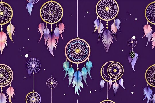 a pattern with a dream catcher on a purple background