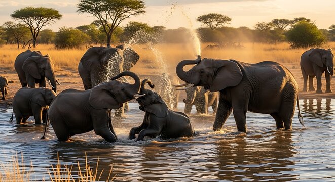 Elephants playing and bathing in water on a sunny day
