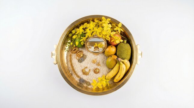 Vishu Festival Vishukkani Flat Lay with Uruli, Fruits, Gold and Rice on White Background, Kerala New Year Traditional Arrangement