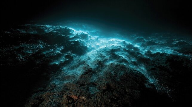 faint. Deep sea canyon illuminated by bioluminescent jellyfish in blue tones. travel magazines, destination branding, designed for travel destination branding, used by policy analysts.