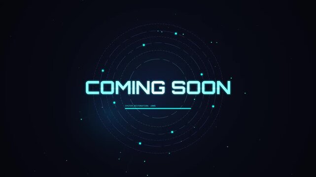 digital coming soon text with futuristic HUD interface, glitch effect, cybernetic notification, anticipation of future event