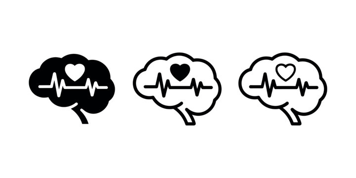 Brain with heart and ecg line black and white line heartbeat in white background