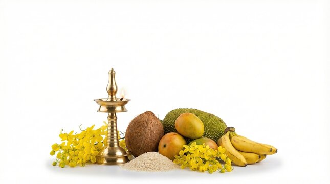 Vishu Festival Vishukkani Flat Lay with Uruli, Fruits, Gold and Rice on White Background, Kerala New Year Traditional Arrangement