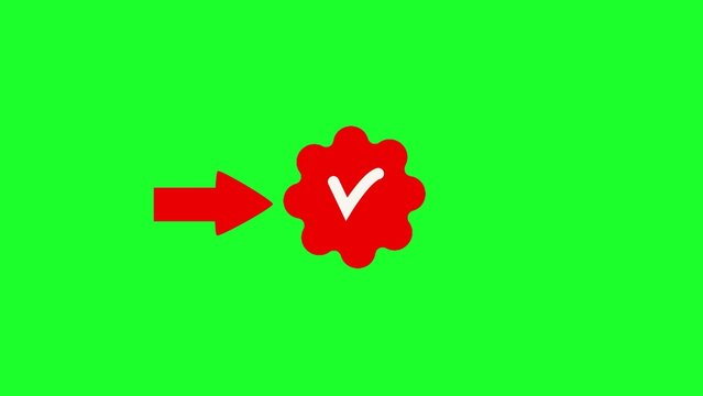 Red arrow pointing to a red checkmark on a green background white checkmark red flower shape