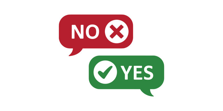 Red and green speech bubbles with no and yes symbols checkmark cross in white background
