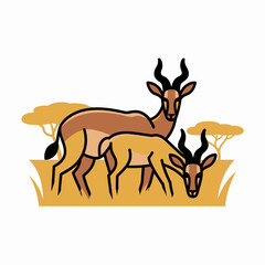 Fototapeta premium Two impala antelopes standing together in african savanna landscape with minimalist flat vector illustration style featuring stylized trees and warm earthy color palette