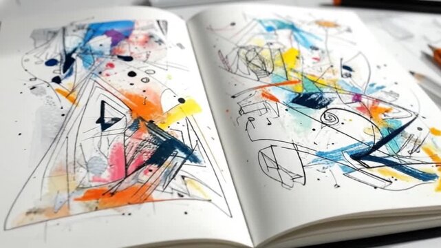 An open sketchbook with colorful abstract art, surrounded by pencils and art supplies on a white background.