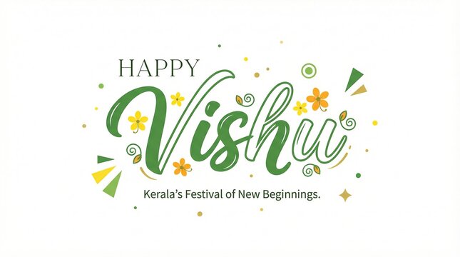 Happy Vishu Typography Design with Konna Flowers on White Background, Kerala Festival Minimal Greeting Card