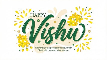 Fototapeta premium Happy Vishu Typography Design with Konna Flowers on White Background, Kerala Festival Minimal Greeting Card
