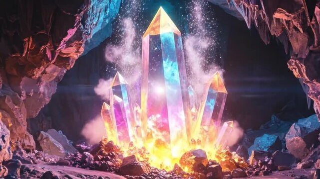A mesmerizing display of glowing crystals within a mystical cave, radiating vibrant energy.