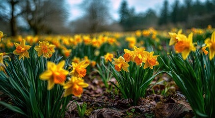 Fototapeta premium Vibrant field of yellow and orange daffodils in soft focus