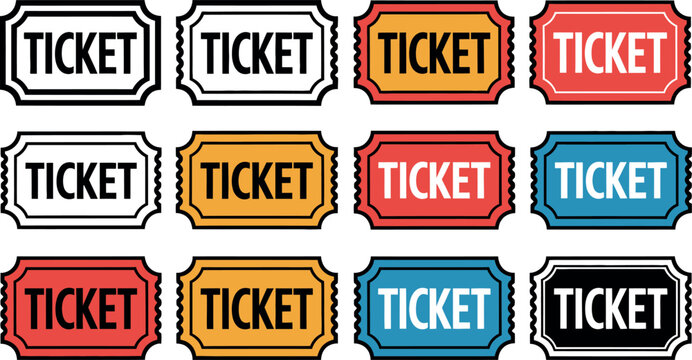 Colorful ticket icons in various shapes and designs on white background