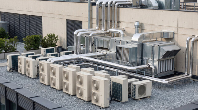 Modern rooftop HVAC system with multiple air conditioning units and extensive ventilation ducts on a commercial building