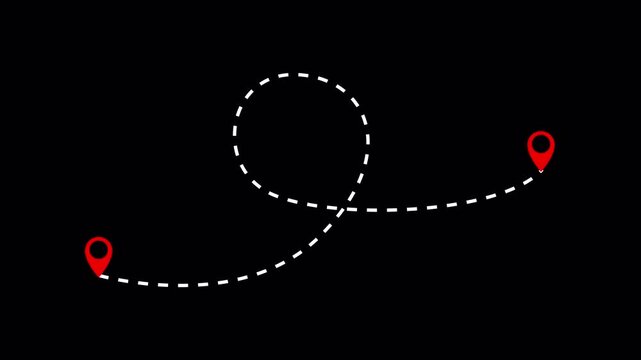 Airplane flight path animation with red location pin and dotted line for travel route concept on transparent background. 4k alpha channel