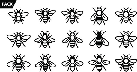 Collection of black and white bee with varied stripe patterns and wing insect pack © Graphic Shops