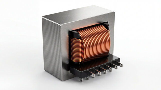 A robust power transformer with visible copper windings and metal core, an essential electrical component for modern electronics, isolated on white