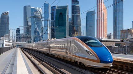 Fototapeta premium Modern High-Speed Train Traversing City Skyline with Skyscrapers