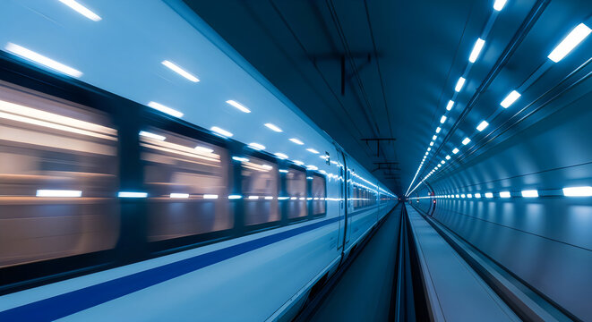 Motion blur subway train arriving in modern underground station with blue lighting and futuristic design