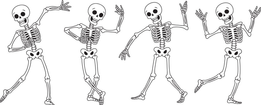 Skeleton dance vector set, funny Halloween skull characters, various poses, isolated on light background, spooky festive design, editable scalable illustration