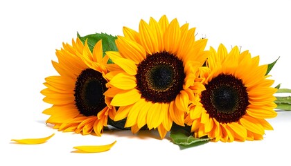 Obraz premium A close-up of three sunflowers with green leaves on white