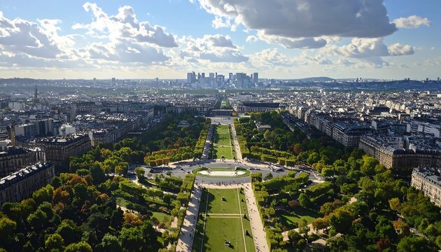 Panoramic view of Champ de Mars, Paris and La D?fense skyline on the horizon