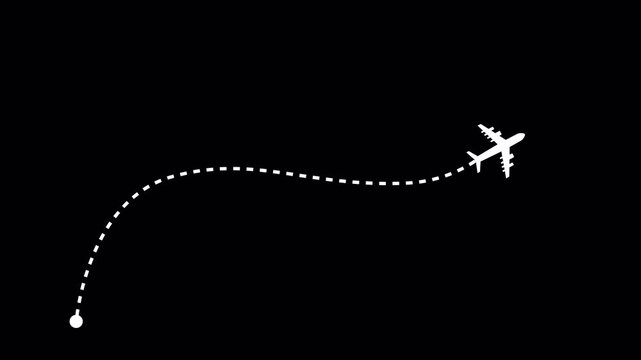 Airplane flight route line animation with dashed path and start point. 4k video motion