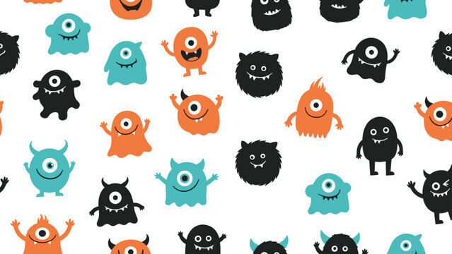 Playful seamless pattern featuring various cute colorful monsters in teal orange and black on a white background for kids.