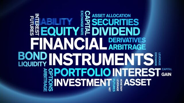 Financial instruments animated word cloud-text design animation tag kinetic typography seamless loop.