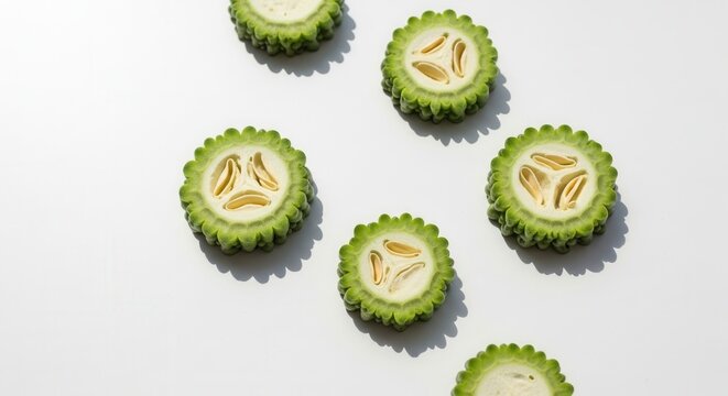 Fresh Bitter Gourd Slices Arranged On A Clean White Surface
