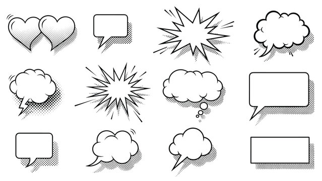 Collection of comic style speech bubbles features halftone shading and various classic shapes in black and white for dynamic dialogue.