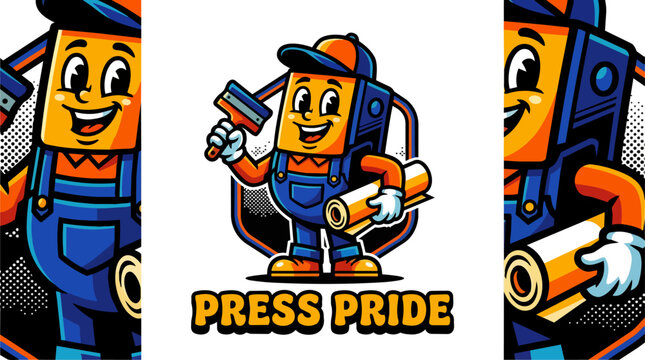 Cartoon plumber character with tools.