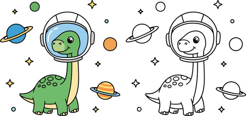 Cute Astronaut Dinosaur in Space Cartoon Vector Illustration with Planets and Stars © Snehashish Pritom