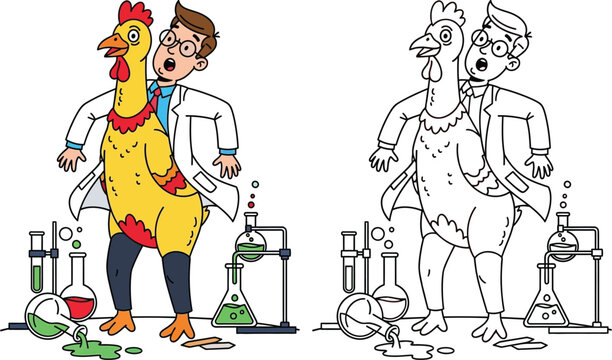 Mad Scientist with Chicken Body Humorous Science Experiment Gone Wrong Cartoon