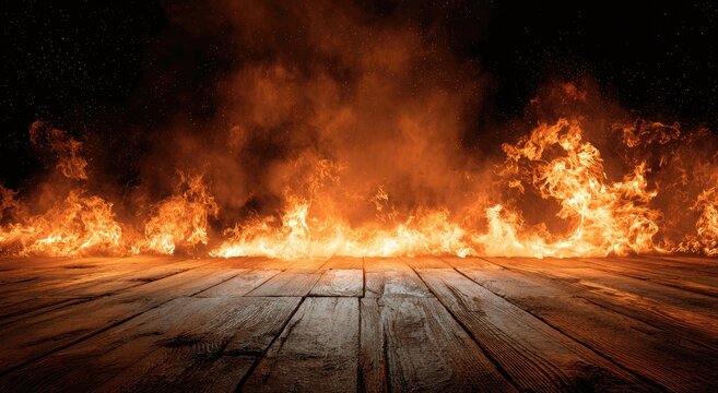 Intense flames engulf a wooden surface, casting an ominous orange glow