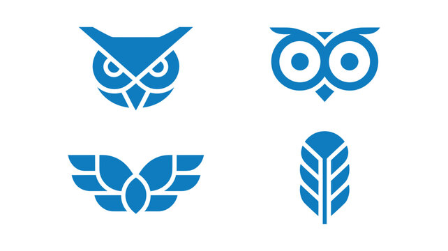 Collection of four stylized blue owl icons and a feather symbol on a white background