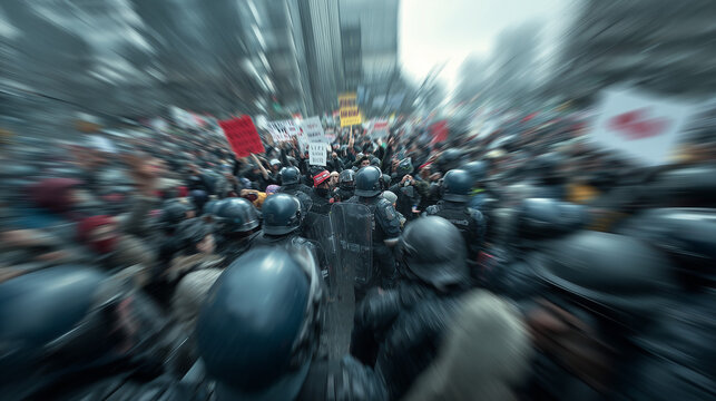 Crowd protest in city street with motion blur effect, capturing activism, social movement, public demonstration, and urban tension in dynamic scene.
