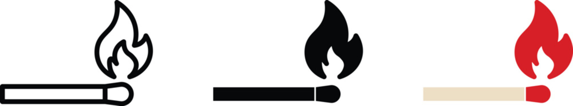 Burning matchstick icons set, lit wooden match with fire flame vector, flat line and solid black and red matchstick symbols for safety and heat