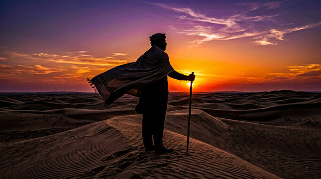 Cinematic Silhouette of a Pathan Man Standing on Desert Dunes at Sunset